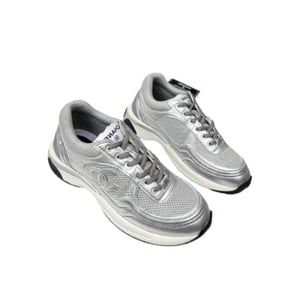 Chanel 23C Silver Metallic Cc Logo Lace Up Flat Runner Trainer Sneaker Gray