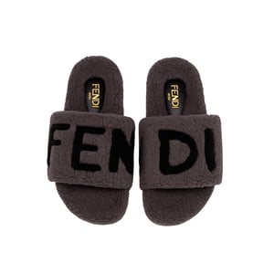 Fendi Fleece Black Text Slippers Grey