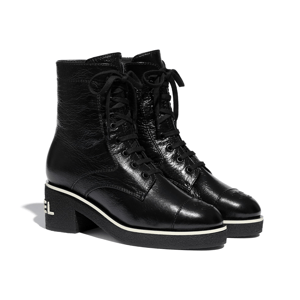 Chanel White Logo Crinkled Leather Combat Boots For Women