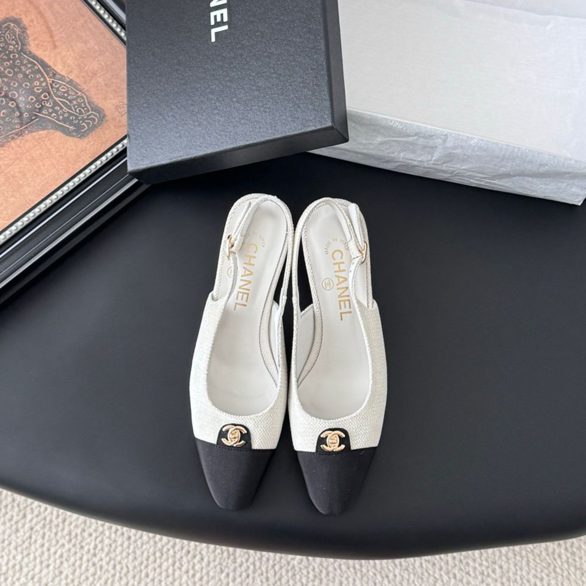 Chanel Iridescent Tweed Cap Toe CC Slingback Flats White Black