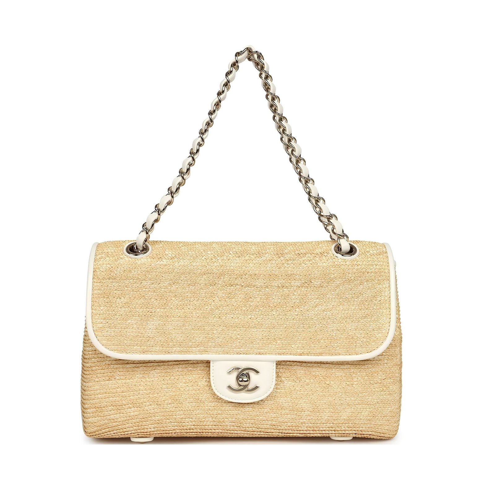 Chanel Large Flap Bag Beige Raffia and White Lambskin Light Gold Hardware 28cm/11.0in