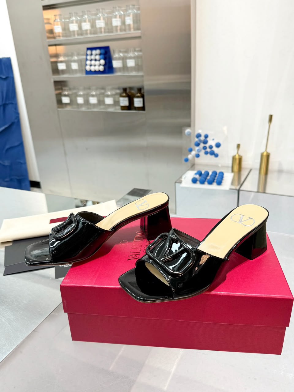 Valentino Vlogo Square Toe Middle Heel Black Slide Sandal